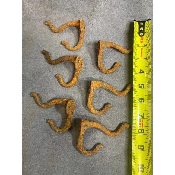 6 Antique Vintage Rustic Cast Wrought Iron Wall COAT HOOKS Hardware 3" RUSTY - Picture 9 of 11